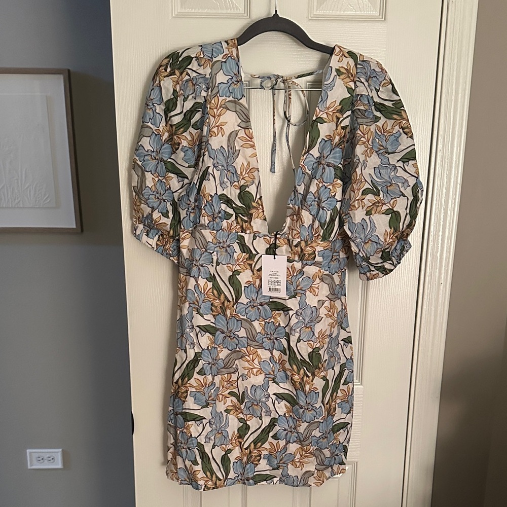 Shop Amalie Indrisia Floral Puff Sleeve linen Dress